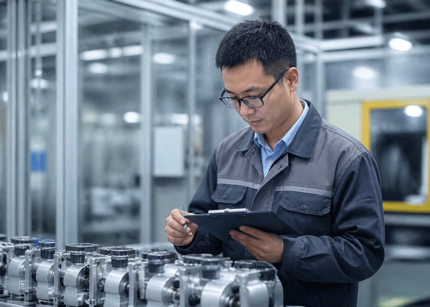 Inspector evaluating components on a factory production line